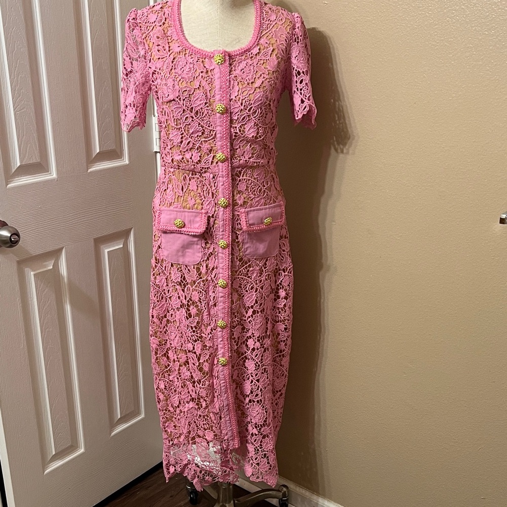 Self-Portrait Pink Lace Midi Dress belt is missing size M - Picture 2 of 12